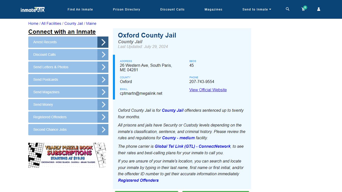 Oxford County Jail - Inmate Locator